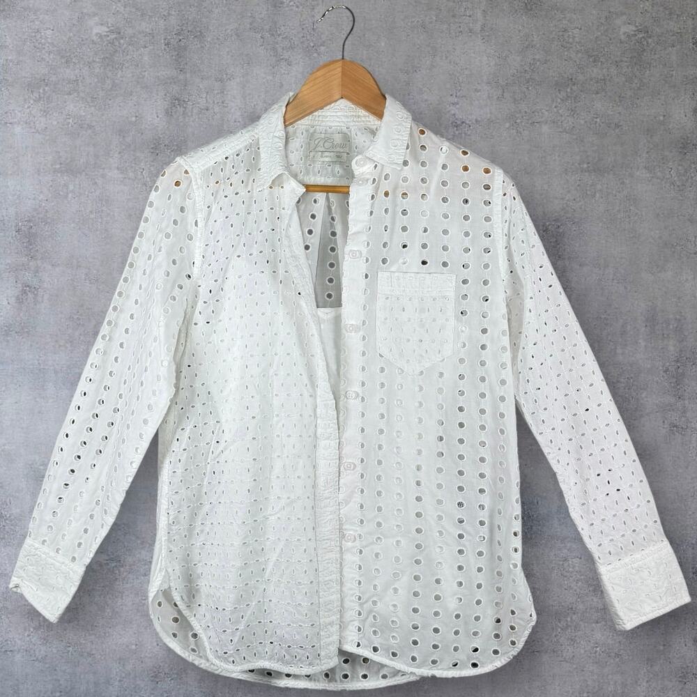 J.Crew White Eyelet Button Down Shirt 100% Cotton Classic Fit Coastal Chic 2